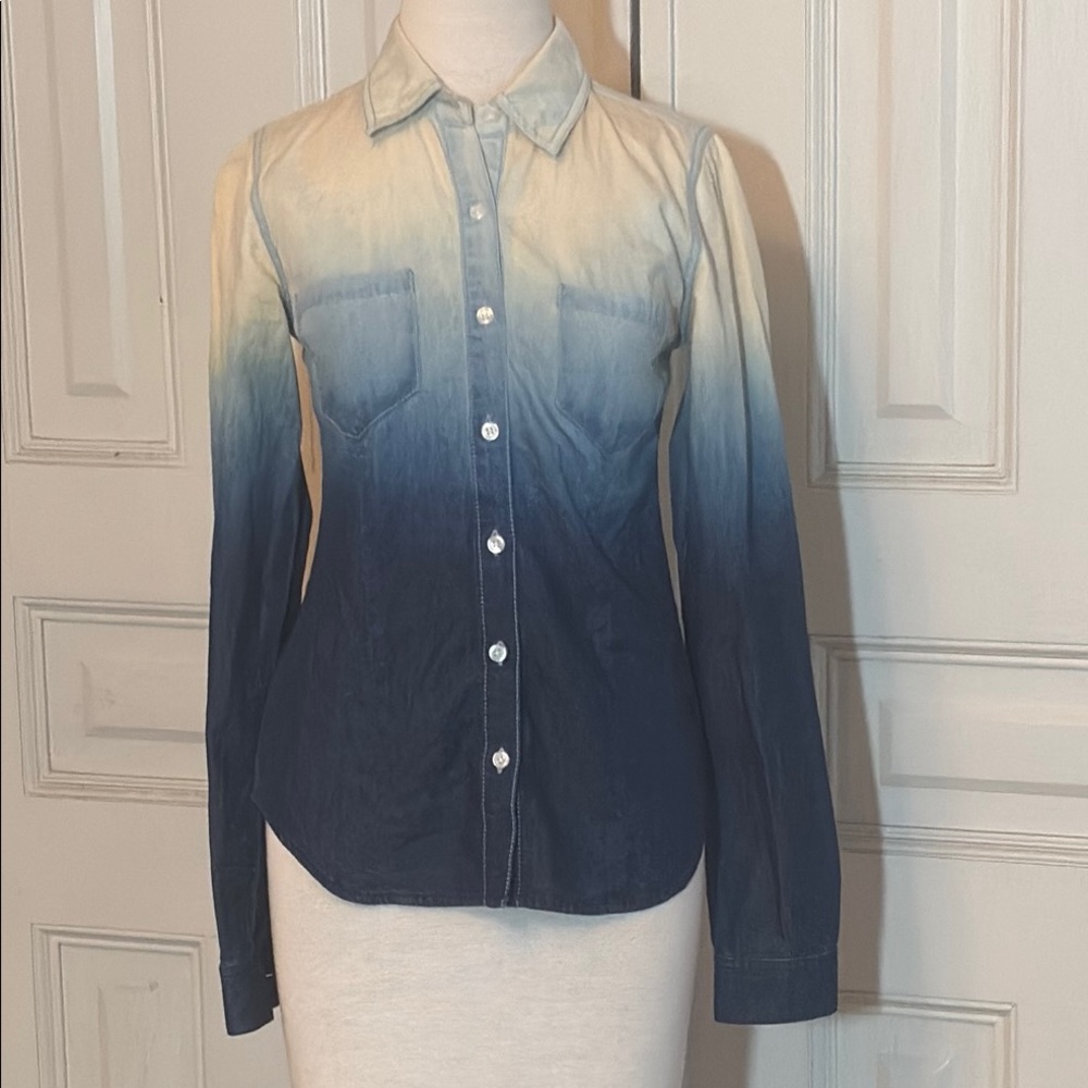 Fitted Denim Ombre Blue and White Women's Button-Up Shirt